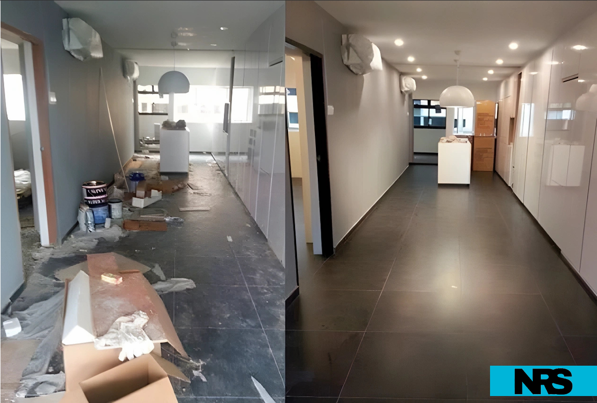 Avant et après rénovation d’un intérieur : transformation d’un espace avec nettoyage, rénovation des sols et finitions modernes à Marseille.